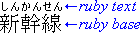 左側には、下側に漢字３個、その上側に半分のサイズの平仮名が６個ある。右側には、漢字と平仮名の行にそれぞれ矢印と、'ruby base' 、 'ruby text' というテキストとがある。